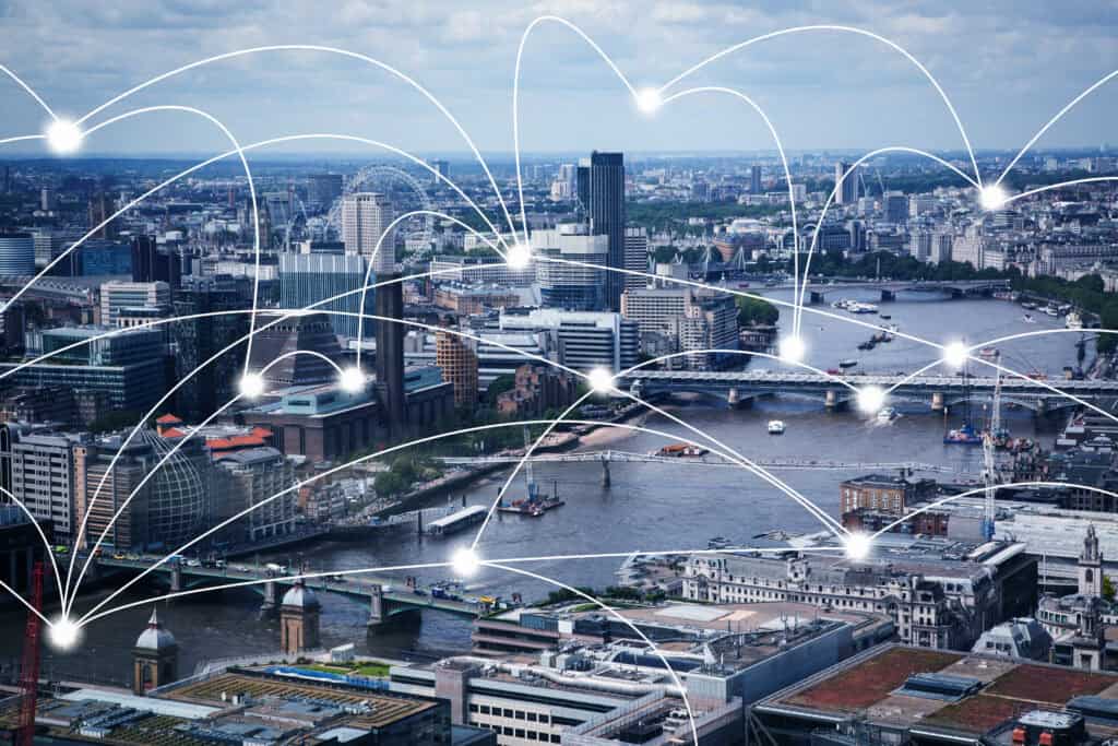 Connected city skyline representing insurance brokerage services in London for Jensten Insurance Brokers.