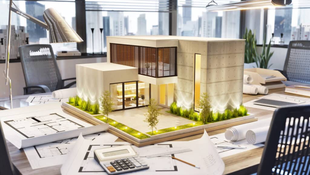 Modern architectural model of a high-end house in an office setting, with blueprints, calculator, and design tools.