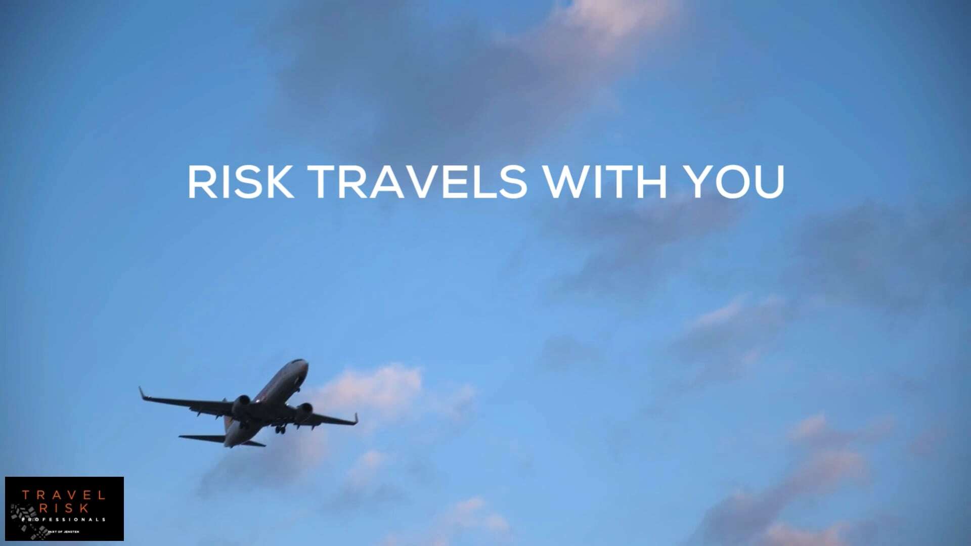 Airplane flying in the sky with text overlay about travel risks and insurance options.