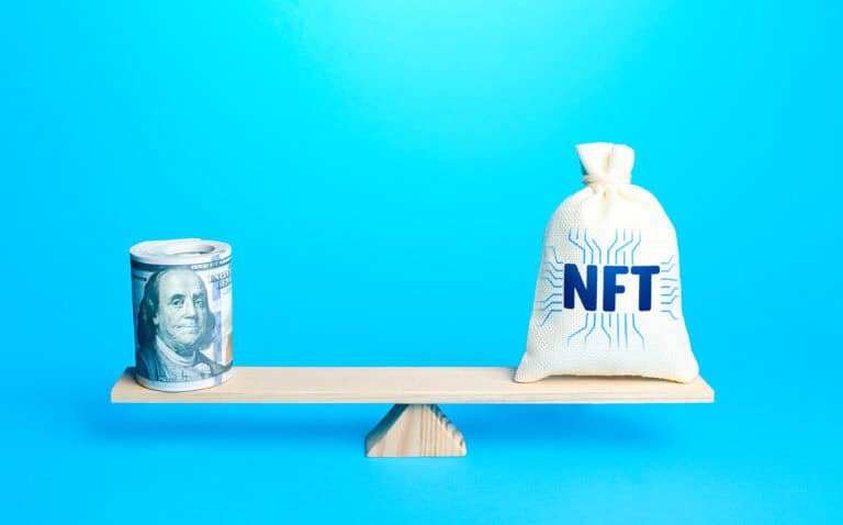Wooden seesaw balancing NFT symbol and dollar sign, illustrating digital asset insurance risk and value equilibrium