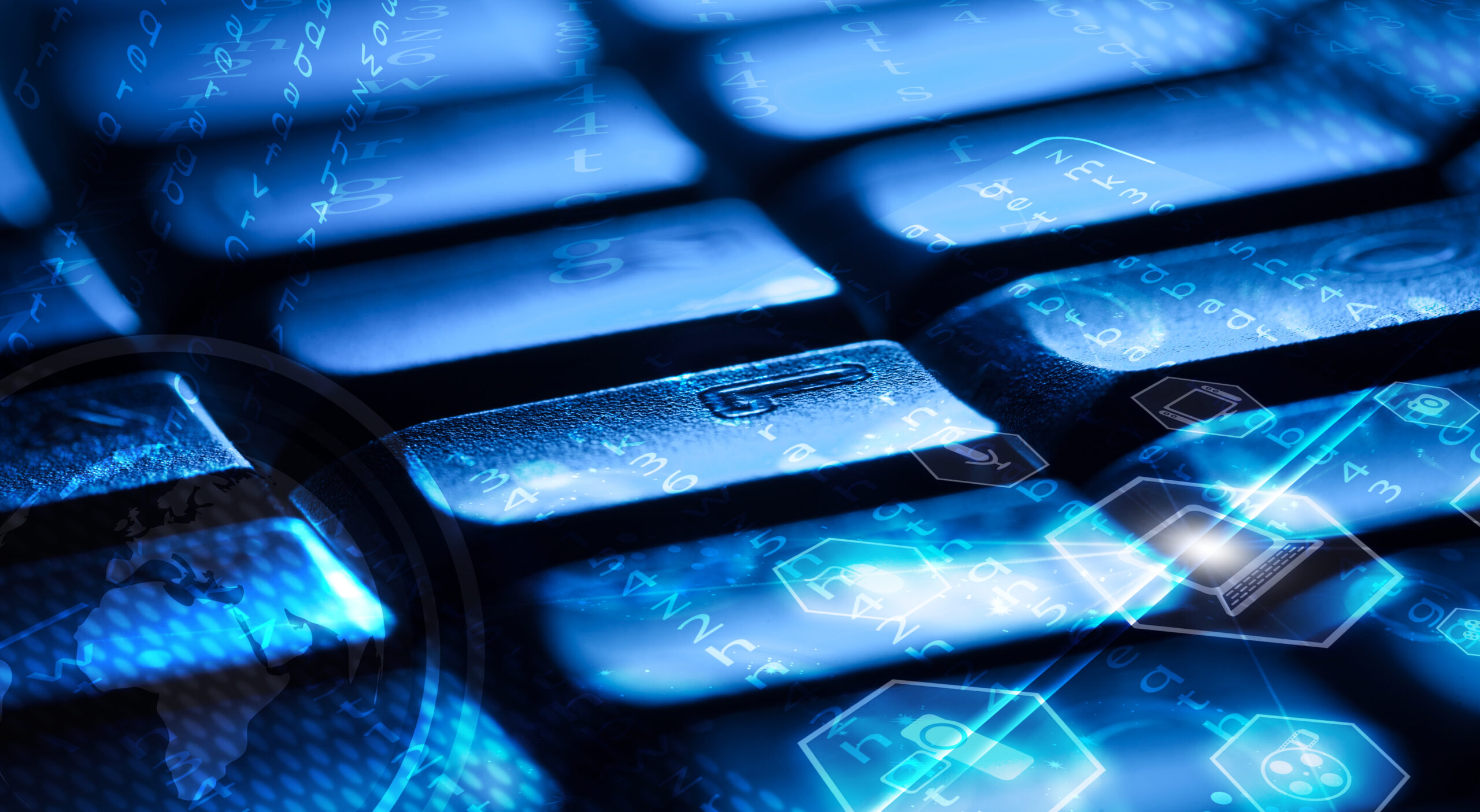Blue-lit computer keyboard with digital technology icons representing AI-driven cyber threats and cyber security risk